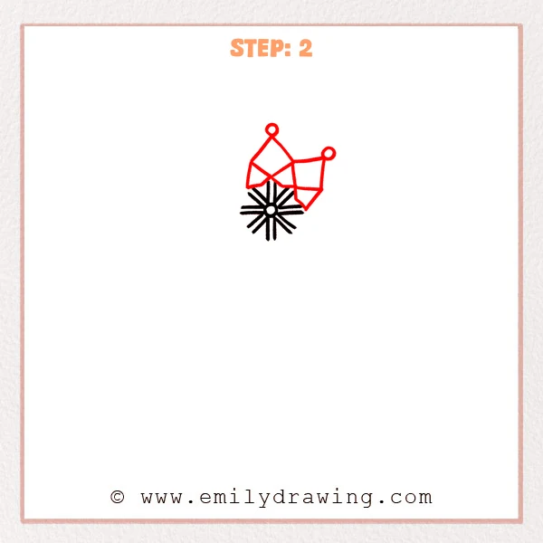how to draw a dream catcher - A dream catcher web start with two top knot circles added and two kite-shaped web blocks connected to the ends of the spokes.